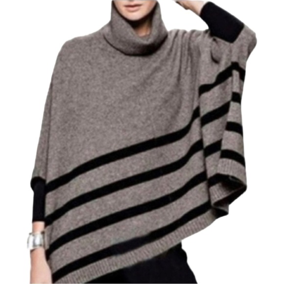 Tahari Cowl Neck Poncho Sweater 70% Wool 30% Yak Blend Grey Black Stripe Size S - Picture 10 of 10